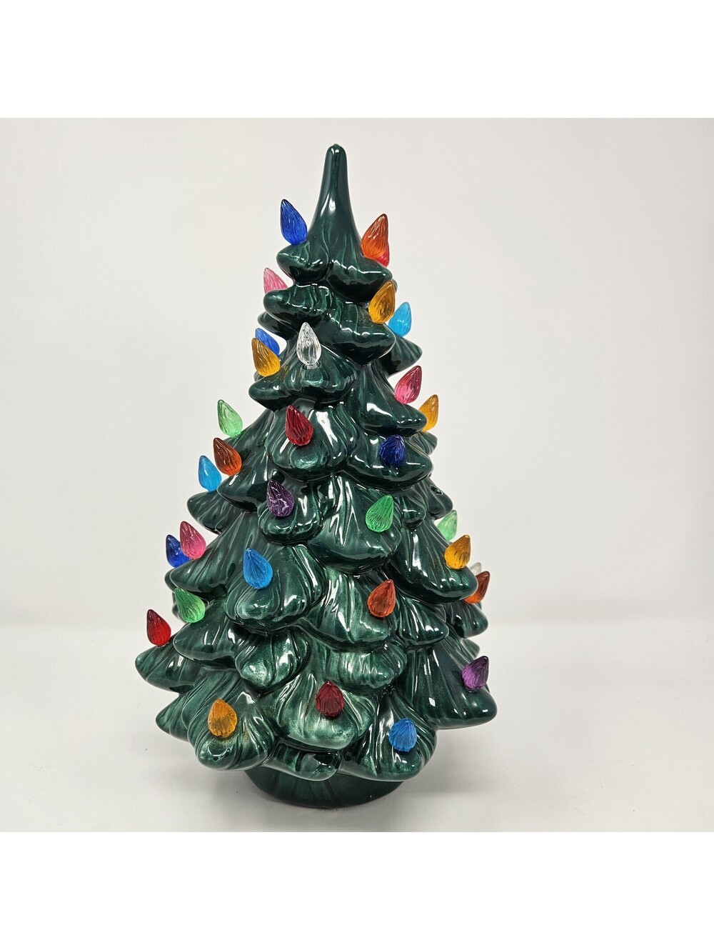 Vintage Ceramic 11.5" Green Christmas Tree with Trunk Base & Multicolor "Bulbs"